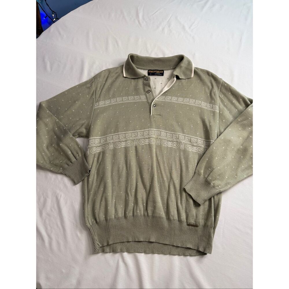 Vintage Geiger Tirol Austria Sweater Polo Mens Size 50 Large Olive Green Knit Pu